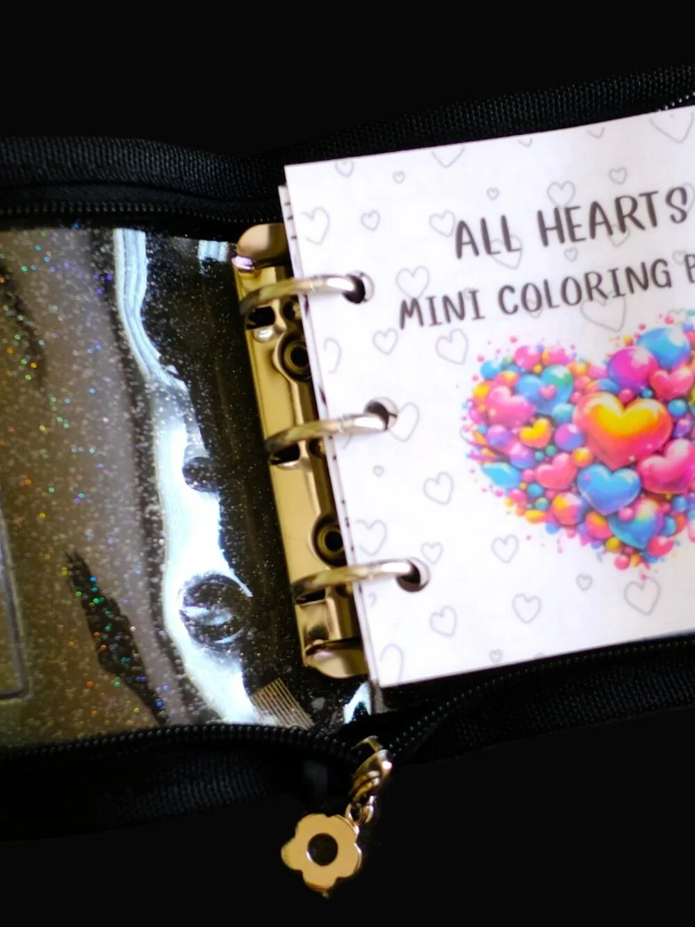 Mini Coloring Book & Pencil Set, All Hearts, Handmade, 3 ring binder, zipper